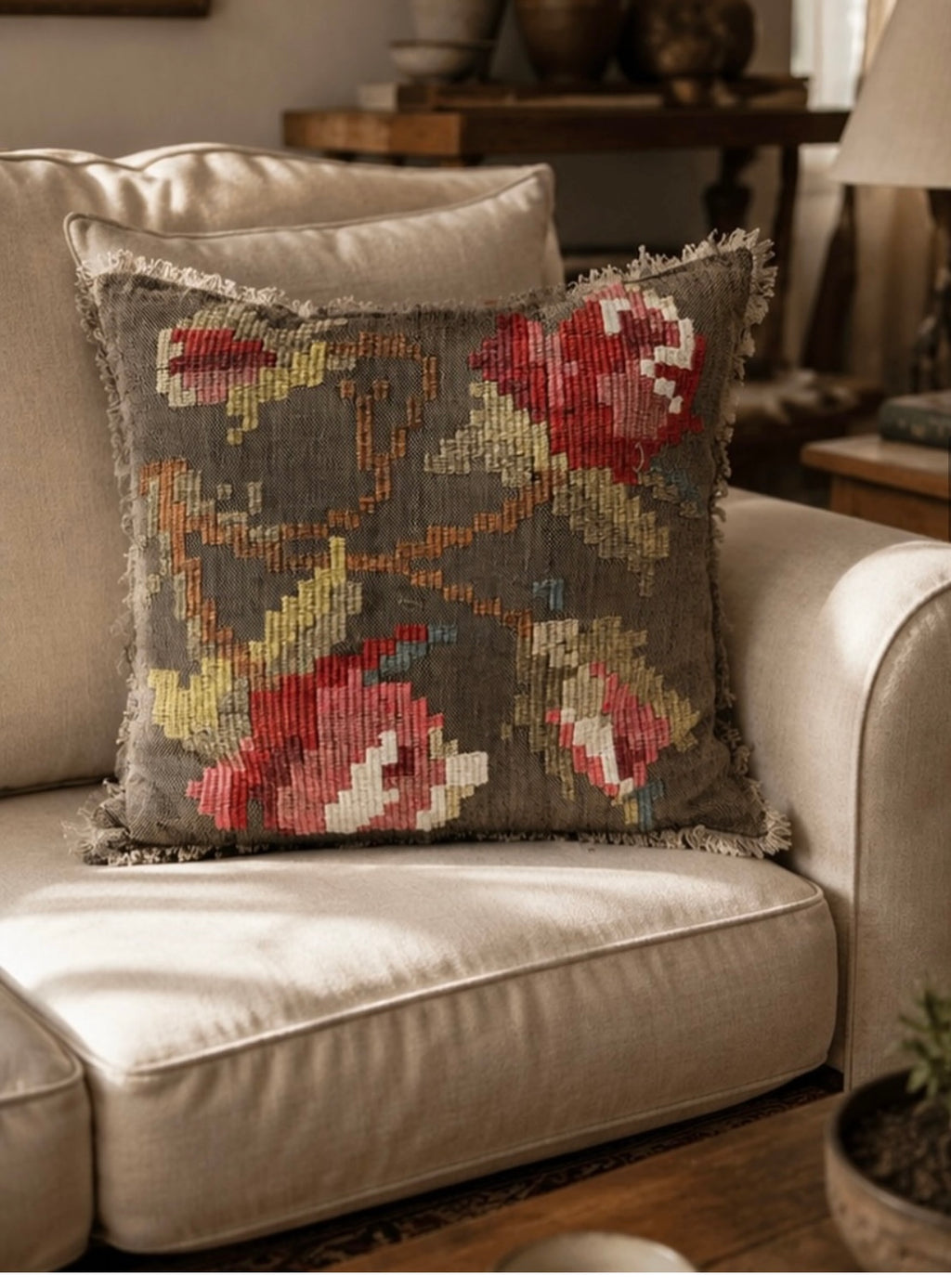 Denne smukke pude er håndbroderet på et fint og elegant stof med naturlige garner.50.50 cm